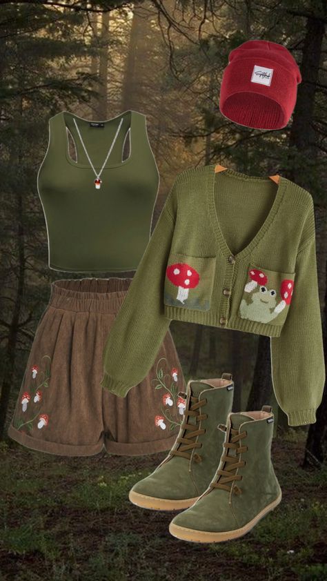 Going into the forest for adventures. #outfitinspo #goblincoreaesthetic #goblincore #forestaesthetic #mushroomcore #mushroomoutfit #mushroomaesthetic Forest Aesthetic Outfit, Goblin Core Outfit, Goblincore Aesthetic Outfits, Goblincore Clothes, Goblincore Outfits, Mushroom Outfit, Dress Design Drawing, Into The Forest, Cottagecore Outfits