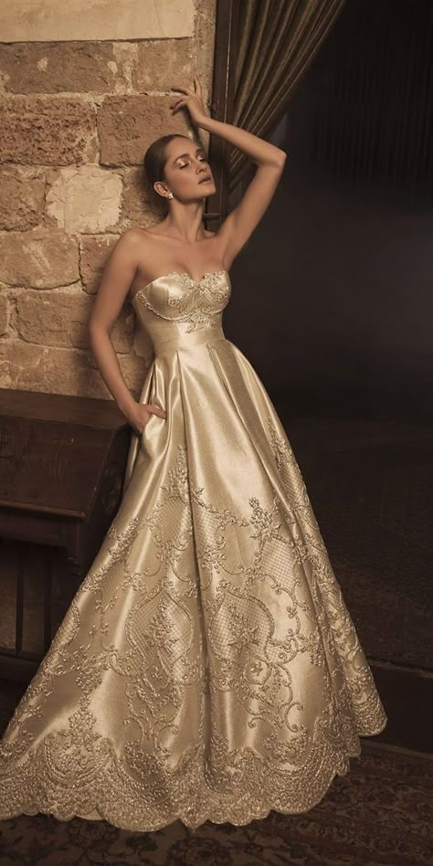 15 Vintage Lace Wedding Dresses Which Impress Your Mind :heart: vintage lace wedding dresses a line strapless neckline gold kontento :heart: #weddingdresses Gold Ball Dresses, Vintage Lace Wedding Dresses, Wedding Dress Timeless, Country Wedding Gowns, Debs Dresses, Kleiner Pool Design, Gold Wedding Gowns, Gold Lace Dresses, Chanel Dresses