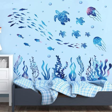 PRICES MAY VARY. 【Packaging list】You will receive a set of 3D ocean grass seaweed wall stickers, size 180 x 150 cm/70.9 x 59 inches. The size and a large number of patterns can meet your diversified decorating needs, you can use your imagination to DIY and make your room full of vibrant and bright colors! 【High-quality material】These sea turtle wall decor stickers are made of high-quality vinyl material, safe and reliable, waterproof and long-lasting, strong adhesion, not easy to fall off after Sea Room Ideas Bedrooms, Ocean Bedroom Kids, Mermaid Themed Bedroom, Bedroom Wall Stickers, Underwater Room, Ocean Stickers, Ocean Bedroom, Ocean Mural, Room Murals