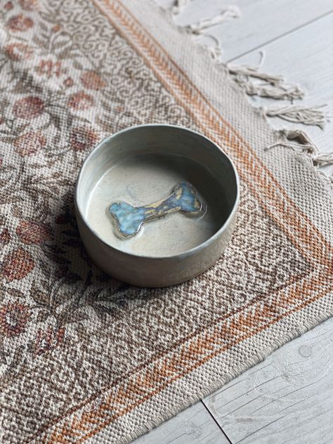 handmade ceramic dog food/water bowl with bone design in French blue glaze Pottery Dog Bowls Handmade, Handmade Pottery Dog Bowl, Ceramic Dog Food Bowls, Dog Water Bowl, Pottery Dog, Handmade Ceramic Pet Bowl, Ceramic Dog Bowl, Dog Water Bowls, Dog Food Bowls