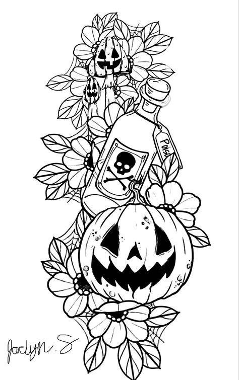 Color in pumpkin & poison bottle half full & pumpkin mushrooms everytging else black Mushroom Drawing Colorful, Poison Bottle Tattoo Design, Pumpkin Tattoo Ideas, October Tattoos, Poison Bottle Tattoo, Pumpkin Tattoos, Poison Tattoo, Half Sleeve Tattoo Stencils, Sundae Cupcakes