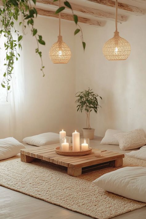 boho yoga room with neutral tones In Home Wellness Room, Relaxing Spa Room Ideas, Meditation Small Space Ideas, Relaxing Workout Room, Sacred Meditation Space, Meditation Room Lighting Ideas, Creating A Zen Room, Meditation Studio Ideas, Office Zen Room