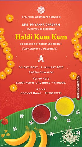 Haldi Kumkum Invitation - Happy Invites Digital Video and Card Baby Doll Cake, Pokemon Party Invitations, Baby Mehndi Design, Haldi Kumkum, Happy Makar Sankranti, Makar Sankranti, Rangoli Designs Diwali, Pokemon Party, Doll Cake