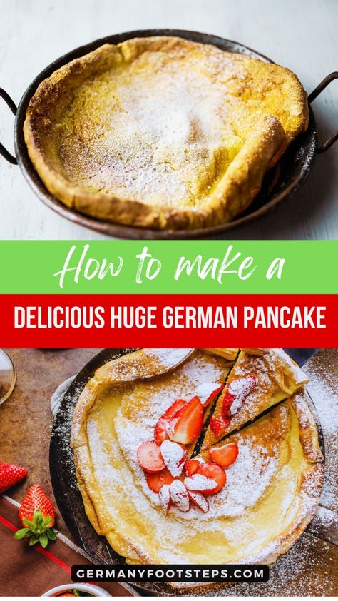 How to make a delicious huge German pancake. English Pancakes Recipe, German Pancakes Easy, Pancake Recipe For One, Hungarian Pancakes, German Apple Pancake Recipe, German Pancake Recipe, English Pancakes, Puffy Pancakes, German Apple Pancake