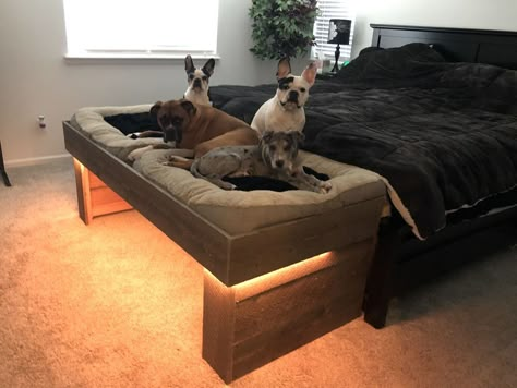 Dog Set Up Ideas In Bedroom, Dog Bed For End Of Bed, Under Bed Dog Bed, Dog Ramps For Bed, Dog Bed Extension Of Human Bed, King Bed With Dog Bed, Elevated Dog Bed Diy, Bed Extension For Dog, Dog Area In Bedroom