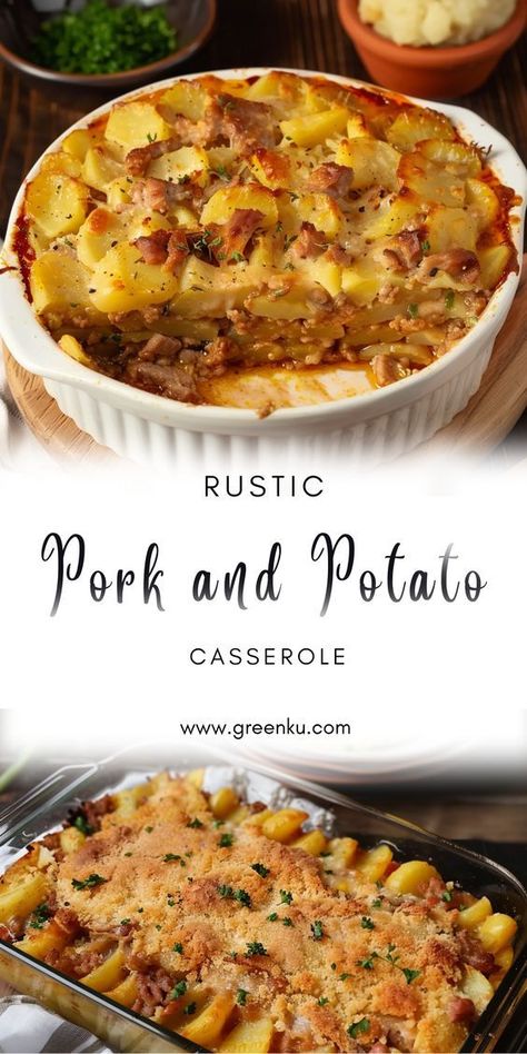 Rustic Pork and Potato Casserole Ingredients: 1.5 kg potatoes, peeled and sliced 1 onion, chopped 2 cloves of garlic, minced 1 raw sweet red pepper, chopped 1 kg minced pork 300 g canned green peas, drained 300 g tomatoes in their own juice, chopped 1 chicken egg 100 g hard mozzarella cheese, grated Vegetable oil for frying Salt, meat seasoning, dried ground sweet paprika to taste Ground Pork And Peppers Recipes, Pork And Sweet Potato Recipes, Ground Pork And Potatoes Recipes, Mince Pork Recipes, Ground Pork And Beef Recipes, Ground Pork Casserole Recipes, Chop Meat Recipes Ground, Pork And Potato Casserole, Pork Potato Casserole