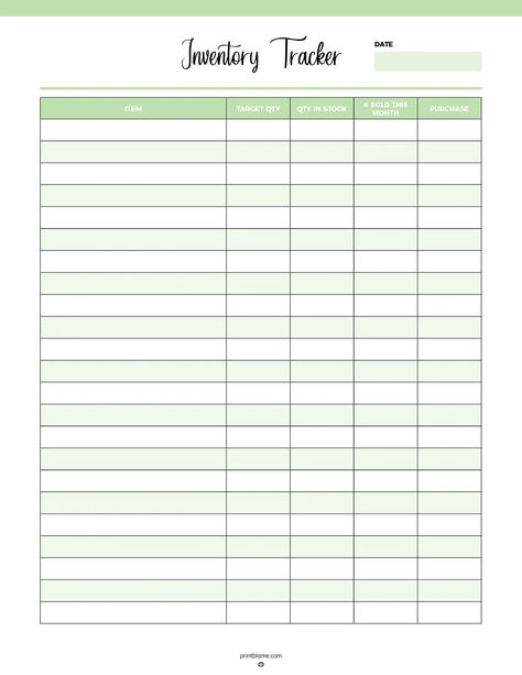 Inventory tracker for small business with columns for item name, target quantity, quantity in stock, number sold this month, and purchases. Inventory Printable Business Free, Small Business Inventory Tracker, Free Printable Inventory Sheets, Inventory Printable, Inventory Tracker, Sales Tracker, Tracker Free, Small Business Planner, Inventory Management