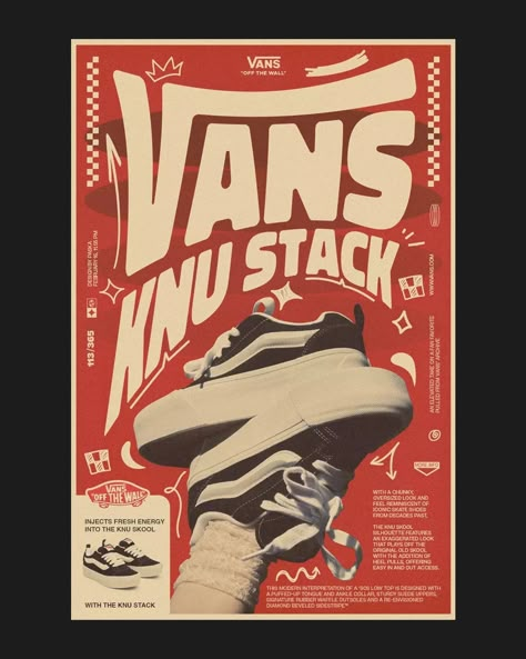 113/365 [Vans Knu Stack] I made my first Vans poster. I picked it because the font matches the bold style of the shoes. I used the colors from the Vans logo, but you can use any color. I hope you like it. I'll be taking a break after this. This is my last poster for now. I hope it inspires you. Goodbye for now, everyone! @vans #itsnicethat #digitalarchive #tripl7lab #acidgraphix #archivesarea #typography #reebok #youaretypography #type01 #typosters #vans Typography And Illustration Poster, Vans Photoshoot, Shoe Graphic Design, Vans Poster, Font For Poster, Vans Ad, Ad Poster Design, Vans Ideas, Kurama Susanoo