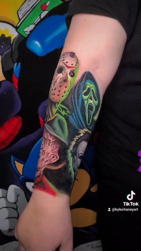 179K views · 13K reactions | By Artist Kyle Chaney I had a blast working on Jason and Freddy today! 4 hours total. Super pumped about how the Ghostface and Michael Myers tattoos... | By Studio 405 Tattoos & Art | Facebook Jason Freddy Michael Myers Chucky Tattoo, Jason Voorhees Tattoo Stencil, Micheal Myers Tattoo Design, Michael Myers Tattoos, Idk Tattoo, Ghostface And Michael Myers, Jason Vorhees Tattoo, Micheal Myers Tattoo, Jason And Freddy