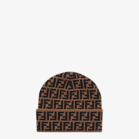 Beanie with turned-up brim. Made of wool knit with an all-over black and tobacco FF motif. Made in Italy Fendi Logo Design, Fendi Store, Louis Vuitton Shop, Fendi Logo, Wool Beanie, Demi Fine Jewelry, Summer Beach Wear, Wool Hat, Knit Beanie