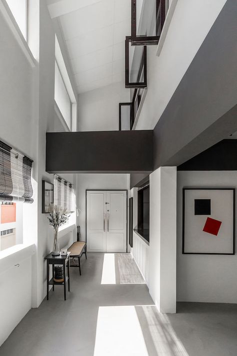 House Tour: An stilt-house-inspired executive maisonette with a sleek monochrome palette - Home & Decor Singapore Hdb Maisonette Singapore, Mansionette Singapore, Hdb Maisonette, Colonial Interior Design, Grey Painted Walls, White Colonial, Colonial Interior, Tropical Living, House On Stilts