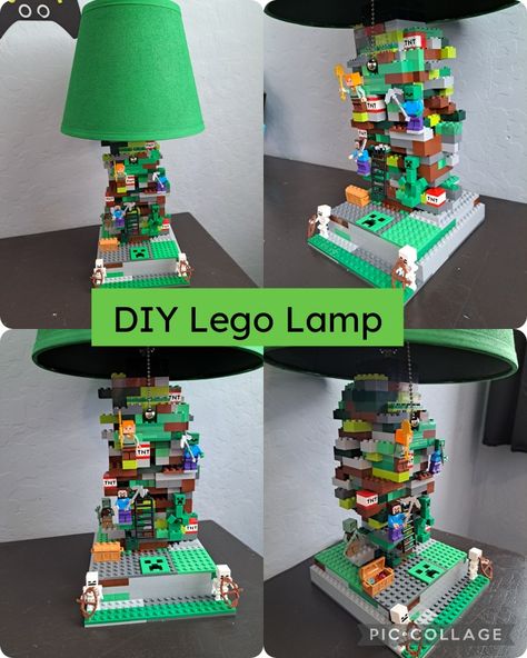 How To Display Lego Creations, Lego Desk Organizer, Lego Nightstand, Lego Lamp Diy, Diy Lego Room, Lego Kids Room, Lego Creations Instructions, Lego Lamp, Upcycle Toys