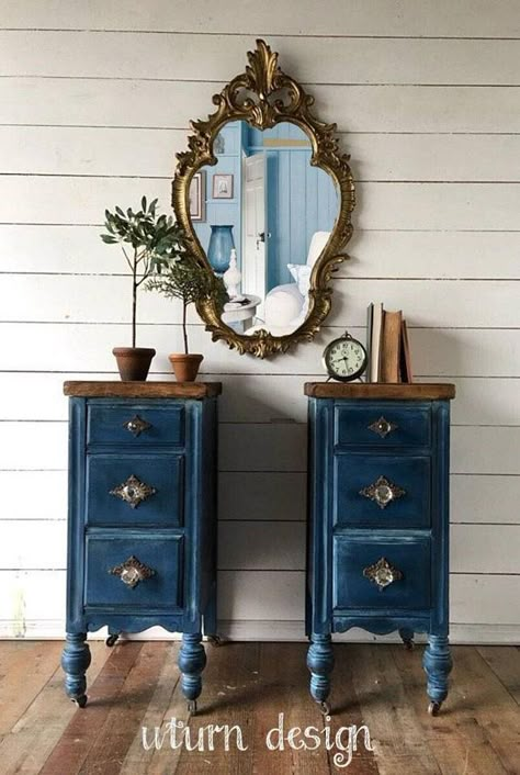 Blue Small Bathrooms, Painted Nightstands, Teal Furniture, Small Bathroom Cabinets, Painted Night Stands, Painted Bedroom Furniture, Bathroom Paint, Painted Furniture Colors, Cabinets Diy