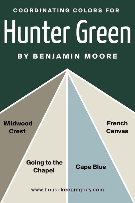 Hunter Green  Coordinating Colors by Benjamin Moore Hunter Green Trim House Exterior, Hunter Green Colour Palette, Hunter Green Houses Exterior, Hunter Green Palette, Bedroom Hunter Green, Sandy Paint Colors, Hunter Green Color Scheme, Green Coordinating Colors, Benjamin Moore Hunter Green