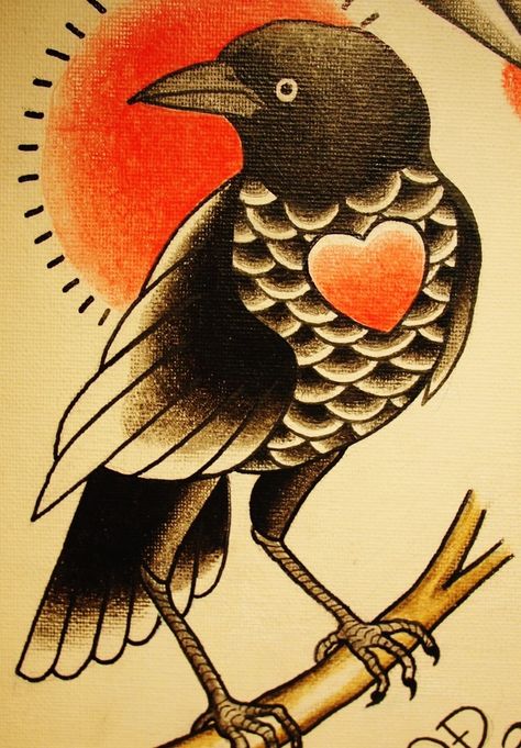 Crow by QD Traditional Black Bird Tattoo, Old School Tattoo Bird, Traditional Crow Tattoo, Flash Art Tattoos, Bird Tattoo Sleeves, Crow Tattoo Design, Vogel Tattoo, Black Bird Tattoo, Kunst Tattoos