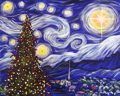 Michelle The Painter, Starry Night Christmas, Disposable Aprons, Starry Night Art, Starry Night Painting, Winter Art Projects, Night Christmas, Stitch Fabric, Winter Painting