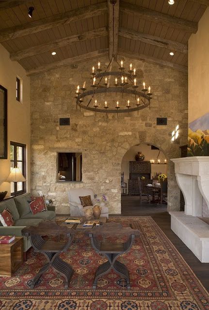 THIS AND THAT Mediterranean Living Room, Mediterranean Living, Mediterranean Style Homes, Tuscan Villa, Mediterranean Design, Mediterranean Decor, Stone Walls, Mediterranean Home, Tuscan Style