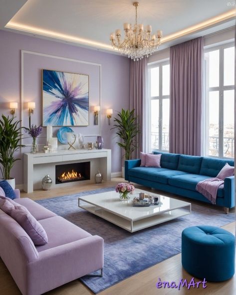 Lavender Accent Living Room, Blue And Plum Living Room, Living Room With Purple Couch, Blue And Purple Living Room, Lavender Living Room Decor, Purple Living Room Furniture, Lilac Living Room, Lavender Living Room, Aqua Living Room