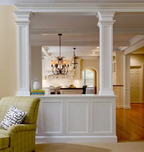 Who was ther designer of the half wall with columns. I like it!!! Half Wall With Columns, Pony Wall Ideas, Half Wall Decor, Kitchen Half Wall, Half Wall Room Divider, Pony Walls, Kitchen Columns, Half Wall Ideas, Wall Room Divider