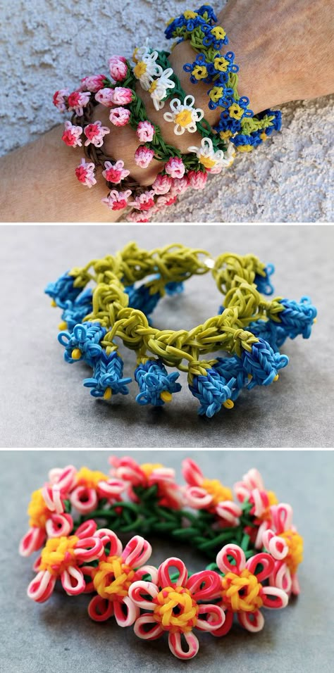 Flower Bracelets by Yarn Journey - the prettiest loom band bracelets I've ever seen! They remind me of daisy-chains, so cute! Loom Bands Designs, Loom Bands Tutorial, Loom Band Patterns, Rainbow Loom Bracelets Easy, Loom Band Bracelets, Crochet Bracelets, Rubber Band Crafts, Rainbow Loom Rubber Bands, Rainbow Loom Creations