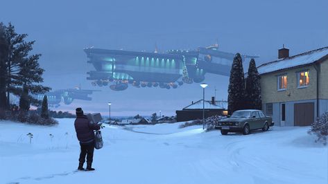 ""December 1994" by Simon Stalenhag" by BlazedCow in Cyberpunk Tales From The Loop, Simon Stalenhag, V Video, Concept Ships, Science Fiction Art, Matte Painting, To Infinity And Beyond, Environment Concept Art, Environmental Art