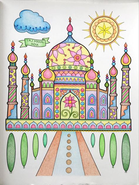 Taj Mahal, India Taj Mahal Doodle, Taj Mahal Mandala Art, India Drawings Ideas, Taj Mahal Sketch, Taj Mahal Drawing, Taj Mahal Art, India Drawing, Front Page Design, Taj Mahal India