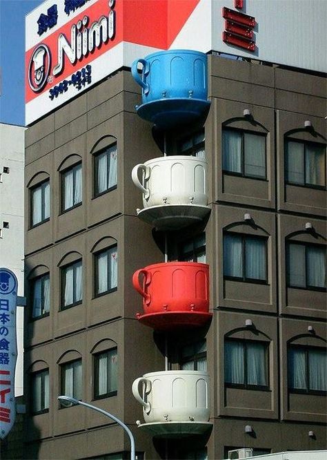 Coffee cup balconies! A bit of Japanese architecture. Japanese Balcony, Colorful Architecture, Architectural Ideas, Handmade Illustration, Philip Johnson, Unusual Buildings, Tadao Ando, Ludwig Mies Van Der Rohe, Spain Portugal