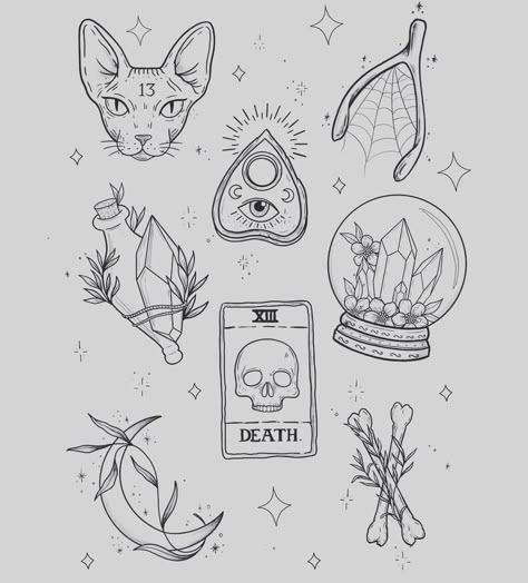 September Message, Friday The 13th Flash, Friday The 13th Tattoo, 13 Tattoos, Witch Tattoo, Flash Tattoo Designs, Tattoo Flash Sheet, Spooky Tattoos, Tattoos Geometric