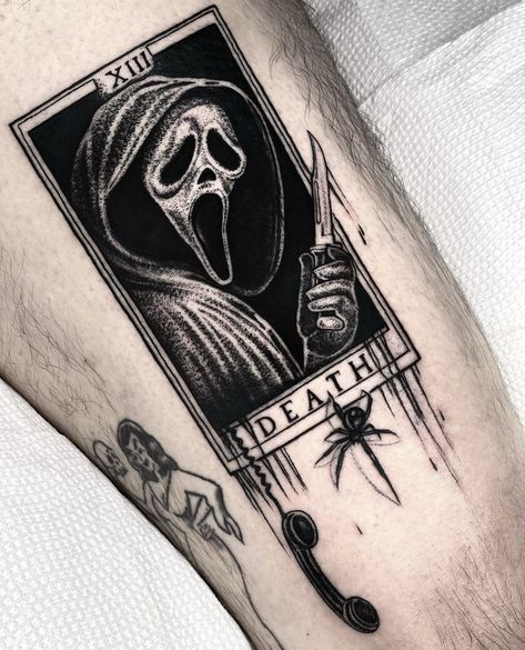 Ghostface Tattoo, Funky Tattoos, Movie Tattoos, One Piece Tattoos, Scary Tattoos, Tattoos For Black Skin, Salem Massachusetts, Horror Tattoo, Card Tattoo