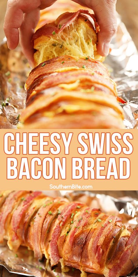 Swiss Cheese Bread, Bacon Cheese Bread, Bacon Bread Recipe, Soft Loaf, Pull Apart Cheese Bread, Bacon Bread, Expensive Kitchen, Bread Booze Bacon, French Bread Loaf