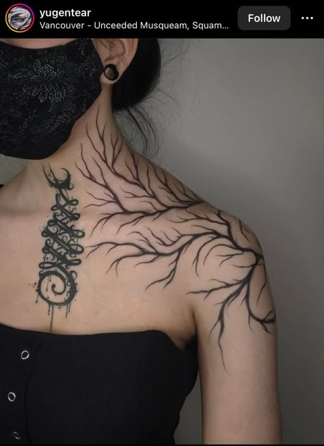 Chest Branch Tattoo, Collar Bone To Neck Tattoo, Branch Neck Tattoo, Tree Throat Tattoo, Dark Mystical Tattoos, Neck Collar Bone Tattoo, Arm Tree Tattoo, Branch Chest Tattoo, Collar Bone Tree Tattoo