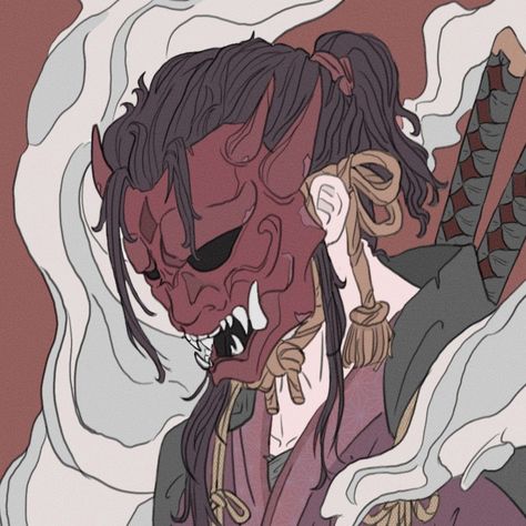 Oni Mask Character Design, Japanese Art Icon, Japanese Oni Mask Drawing, Oni Mask Pfp, Demon Mask Drawing, Oni Samurai Art, Oni Reference, Samurai Mask Drawing, Oni Mask Anime