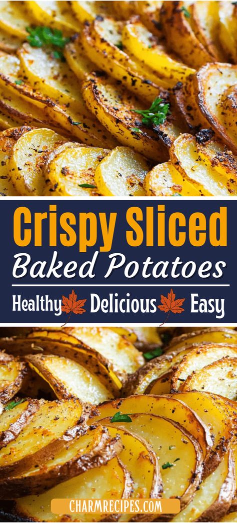 How to Make Perfectly Crispy Sliced Baked Potatoes Bake Sliced Potatoes In Oven, Half Potatoes Baked, Sliced Crispy Potatoes, Potatoes Slices In Oven, Oven Roasted Potato Slices, Oven Sliced Potatoes Recipes, How To Cook A Baked Potato, Slice Potato Recipes, Crispy Potato Slices