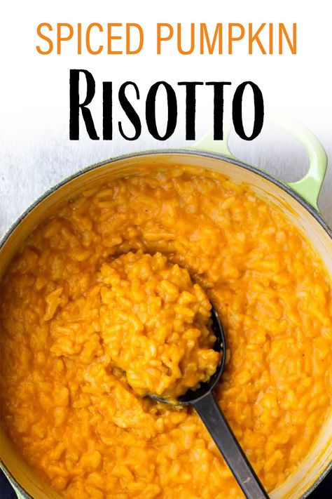 Pumpkin Risotto - is a savory side dish made with pumpkin, pumpkin spice, and Parmesan cheese that is just perfect alongside all of your favorite fall recipes. It's easy comfort food recipe to make, yet an impressive dish for holidays and gatherings. | #dlbrecipes #pumpkinspice #risotto #pumpkinrisotto Thanksgiving Pasta, Bake Apples, Autumn Feast, Veggie Broth, Pumpkin Risotto, Pumpkin Eater, Fresh Pumpkin, Easy Cheese, Chicken Meals