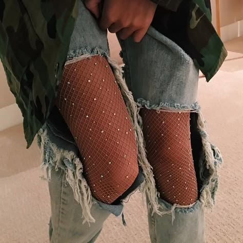 fishnet tights under ripped jeans Princess Pia Mia, Fish Net Tights, Net Tights, Rhinestone Fishnets, Pia Mia, Stocking Tights, Fishnet Tights, Thigh High Stockings, Fishnet Stockings