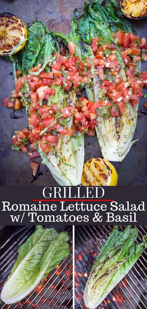 A guide on how to grill romaine lettuce, as well as an amazing recipe for Grilled Romaine Salad with Tomatoes & Basil. This is the perfect side dish for any BBQ. Romaine Recipes, Romaine Lettuce Recipe, Grilled Romaine Lettuce, Tomato Basil Salad, Grilled Romaine Salad, Lettuce Recipes, Salad With Tomatoes, Grilled Salad, Grilled Romaine