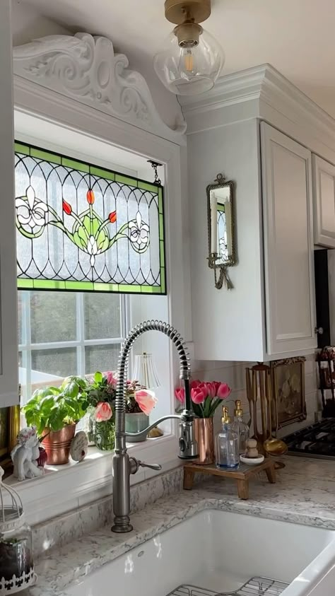 Stained Glass In Kitchen, Glass In Kitchen, Kitchen Window Decor, Over The Kitchen Sink, Dream House Interior, Kitchen Window, Stained Glass Window, Stain Glass, In Kitchen