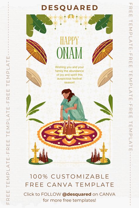 A free happy onam greeting designed on Canva with traditional Kerala elements like pukalam (pookkalam), onathappan, olakkuda, banana leaf and vilakku. It can be downloaded easily from Desquared's profile on Canva Onam Lunch Invite, Onam Templates, Onam Creatives, Onam Designs, Onam Illustration, Onam Poster Design, Onam Aesthetic, Onam Poster, Content Editing