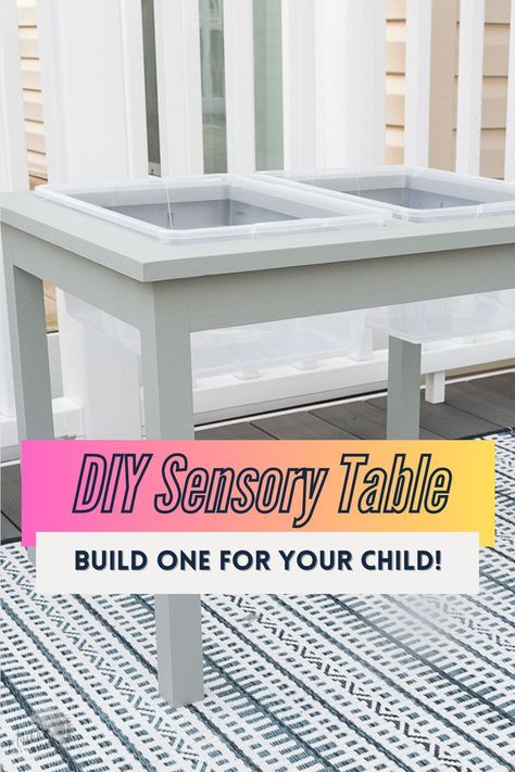 Build your child their own sensory table with this tutorial and plans. Let them have fun at the DIY sensory table and give them tongs or spoons to teach them fine motor skills too! #anikasdiylife Build Your Own Sensory Table, Diy Sensory Table Plans, Wooden Sensory Table, Diy Sensory Table Wood, Homemade Sensory Table, How To Make A Sensory Table, Diy Activity Table, Sensory Table Diy, Diy Sensory Table