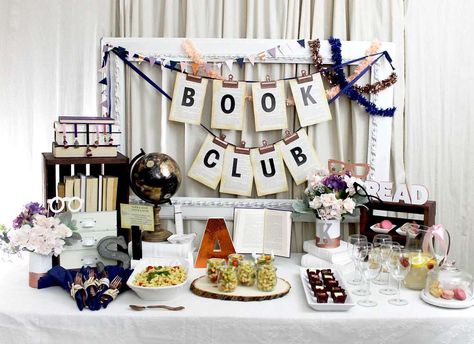 Books, Reading, Literature Book Club Gathering Party Ideas | Photo 1 of 28 Book Themed Party Decorations, Book Club Ideas Hosting, Book Themed Birthday Party, Book Club Party, Book Birthday Parties, Book Club Parties, Book Themed Party, Book Launch Party, Book Exchange