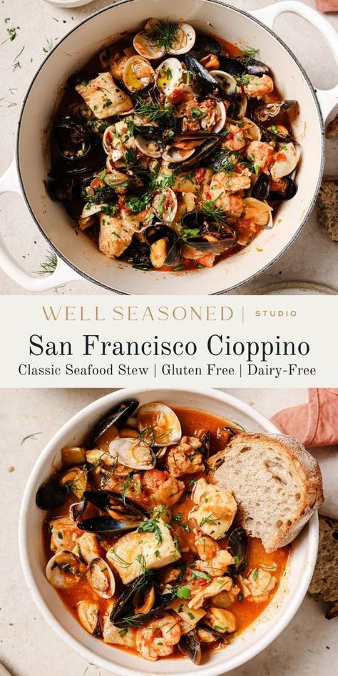 What if I told you that my Homemade Cioppino (Seafood Stew) is 100x better than what you'll get at a restaurant? It's got serious depth of flavor, a rich tomato-white wine broth made with homemade shrimp stock (it's easy and you're already buying shrimp!), and perfectly cooked fresh fish and shellfish. Don't you dare forget that crusty San Francisco sourdough for sopping up every bit of broth! This is the ultimate Cioppino recipe. #wellseasonedstudio #cioppino #cioppinorecipe #seafoodstew Cioppino Recipe San Francisco, Authentic Cioppino Recipe, San Francisco Sourdough, Shrimp Stock, Cioppino Recipe, Seafood Soup Recipes, Seafood Stew, Fish Stew, Seafood Soup