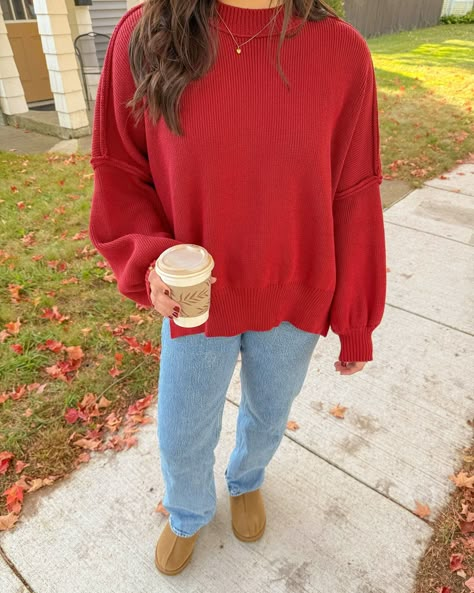 biggest lover of fall you’ll ever meet 🍁 - - Pinterest girl, Pinterest aesthetic, outfit inspo, vsco girl, coconut girl ,fall outfits, fall fashion inspo, fall aesthetic, outfit ideas, fall fashion, cozy fall, sweater weather #coastalstyle #pinterestaesthetic #pinterestoutfit #oufitinspo #casualoutfit #coconutgirl #falloutfits #fallaesthetic #fallstyle Christmas Best Outfit, Christmas Outfit Comfy Casual, Red Shirt Christmas Outfit, Colored Sweater Outfit, Cute Outfits With Sweaters, Red And Green Christmas Outfit, Red Sweater Aesthetic, Comfy Christmas Outfits, Church Outfit Winter