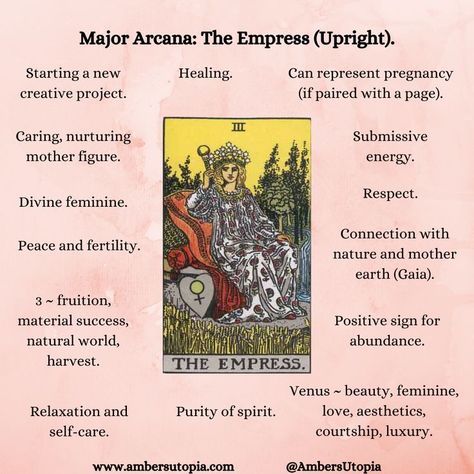 The Empress, in upright position from the Major Arcana suit in the tarot deck and its meanings, including the astrology and numerology meanings.

#TheEmpress #MajorAcarna #TarotCardMeanings #Tarot Major Arcana Meanings, Tarot Guidebook, Empress Tarot Card, Tarot Interpretation, Empress Tarot, Tarot Cards For Beginners, Learning Tarot Cards, Tarot Guide, Major Arcana Cards