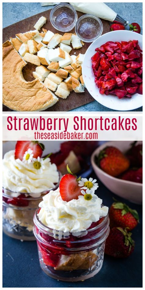 Mason Jar Strawberry Shortcake, Desserts In Mason Jars Ideas, Angel Food Cake Mini Desserts, Backyard Barbecue Party Food, Strawberry Shortcake Jars, Angel Food Strawberry Shortcake, Strawberry Shortcake Pudding Cups, Strawberry Shortcake With Angel Food Cake, Angel Food Cake Cups