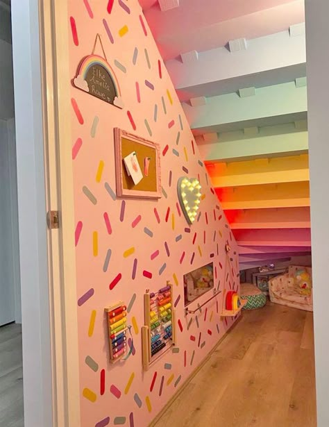 Under The Stairs Kids Space Ideas, Pastel Rainbow Room, Under Stairs Playroom, Stairs Playroom, Themed Room Ideas, Baby Diva, Stair Nook, Room Under Stairs, تحت الدرج