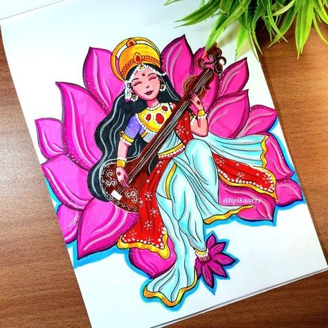 Sherawali Mata Drawing, Saraswati Mata Drawing Easy, Saraswati Maa Drawing Easy, Saraswati Goddess Paintings Easy, Cute Saraswati Goddess, Saraswati Goddess Paintings Sketch, Saraswati Goddess Drawing, Saraswati Drawing Easy, Maa Saraswati Painting