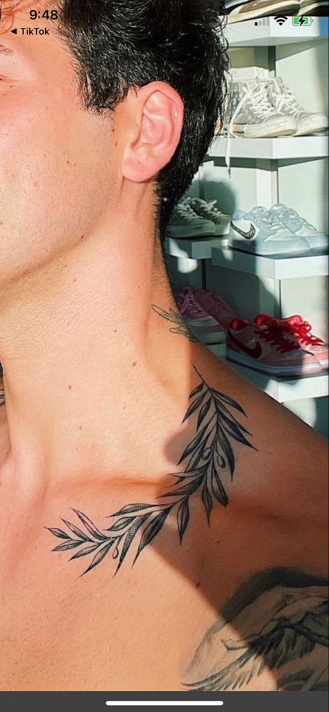 Neck Vine Tattoos Men, Leaves Around Neck Tattoo Men, Men Tattoo Ideas Aesthetic, Olive Branch Tattoo Mens Neck, Roman Laurel Tattoo, Vine Tattoos Neck, Botanical Chest Tattoo Men, Vines Neck Tattoo, Ivy Tattoo Men