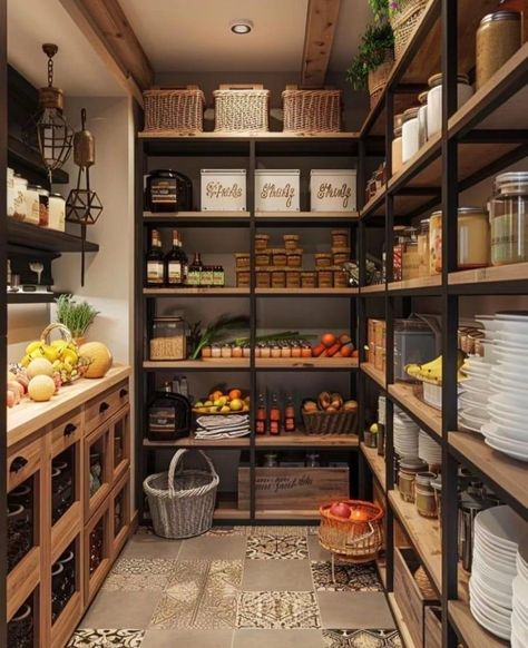 Walk In Closet Pantry, Modern Pantry Storage, Beautiful Pantries Walk In, Open Pantry Storage, Pantry With Cabinets And Shelves, Galley Pantry Ideas, Walk In Butler Pantry, Long Pantry Design, Cottage Pantry Ideas