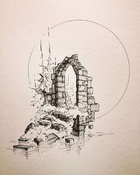 Overgrown Aesthetic Drawing, Ink Drawing Inspiration, Ruins Drawing Reference, Ink Building Drawing, Floating Island Sketch, Portal Drawing Sketch, Castle Sketch Simple, Castle Ruins Art, Ruins Sketch