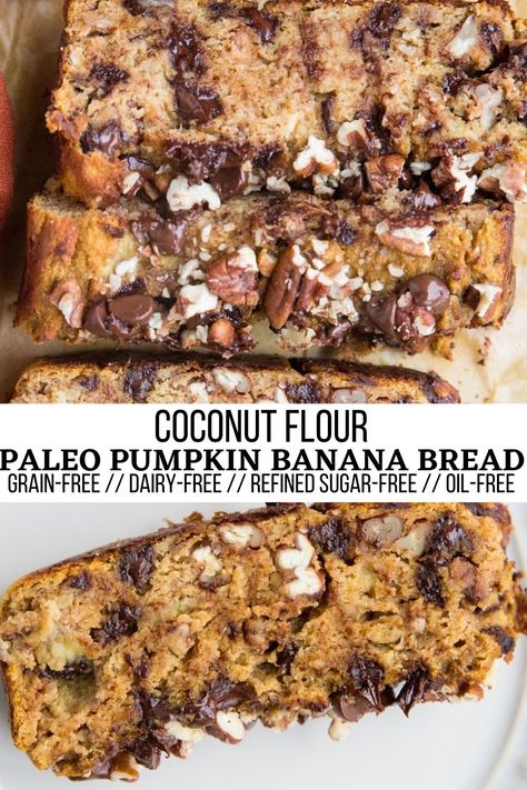 Banana Bread With Coconut Flour, Bread With Coconut Flour, Coconut Flour Pumpkin Bread, Banana Bread With Coconut, Paleo Banana Bread Recipe, Coconut Flour Banana Bread, Paleo Pumpkin Bread, Pumpkin Banana Muffins, Healthy Pumpkin Bread